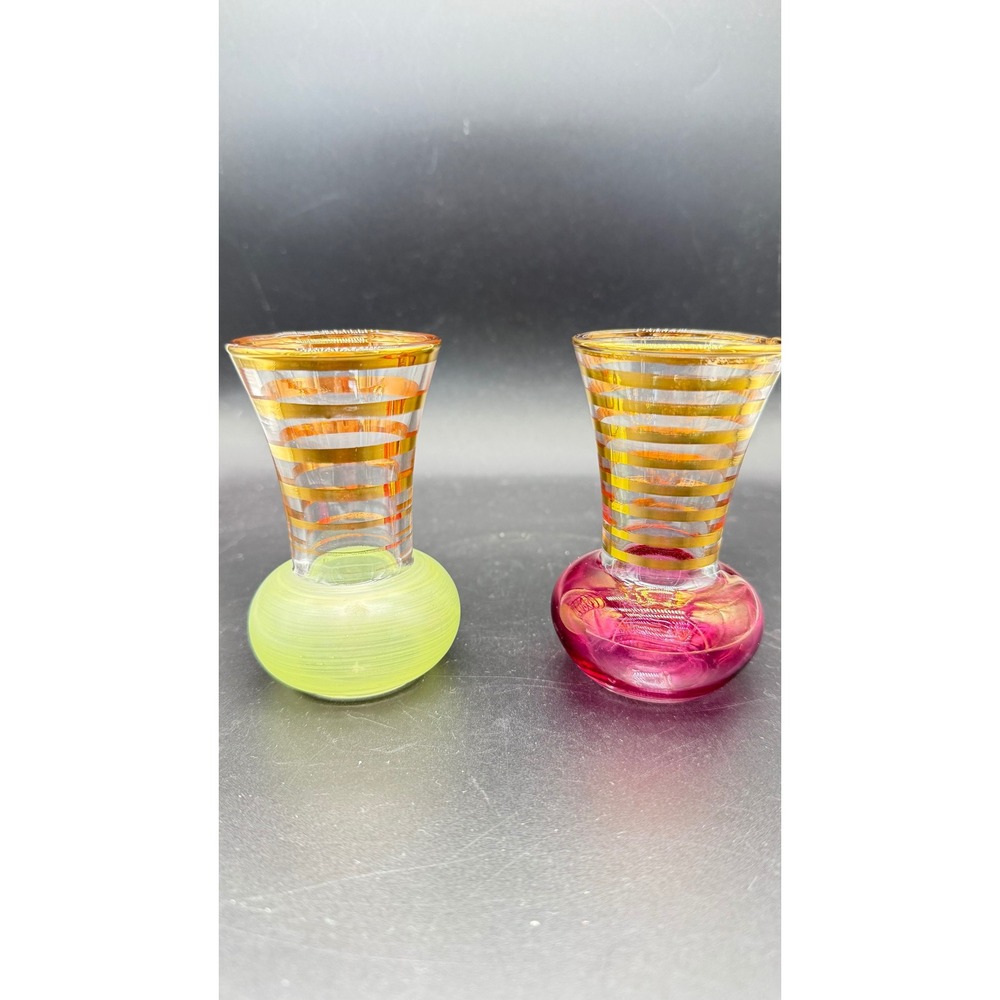 Vintage Hand Blown Art Glass Bud Vases Gold Striped Green Cranberry Set of 2